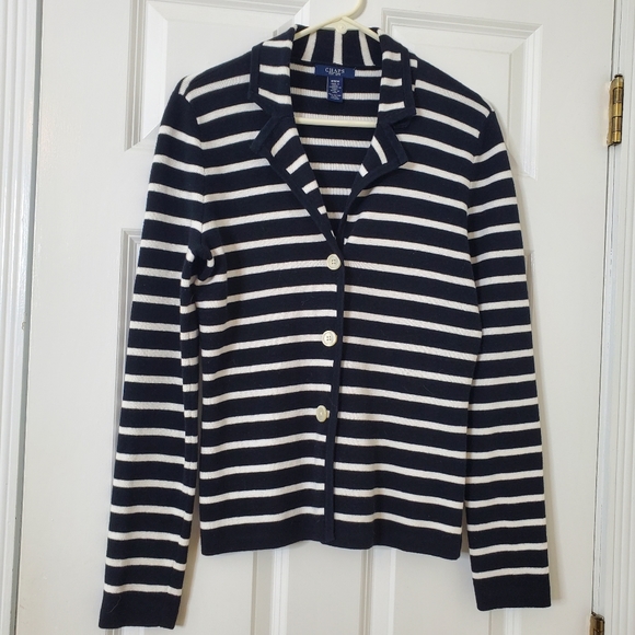Chaps Cotton Knit Blazer Size M Black and White Stripes - Picture 2 of 11